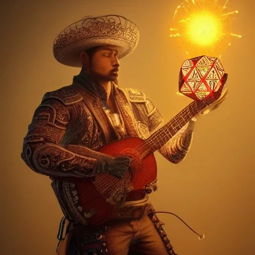 Insanely detailed photograph of an “ a heavily armed male mariachi holding glowing D20” with intricately detailed Sombrero, intricate charo, hyperdetailed painting by Ismail Inceoglu Huang Guangjian and Dan Witz CGSociety ZBrush Central fantasy art album cover art,8K, hdr, mysterious, flickeringlights ,Stoic