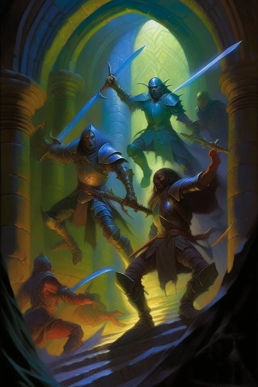 1970's dark fantasy cover dnd style oil painting of an holographic medieval fight with minimalist far perspective.