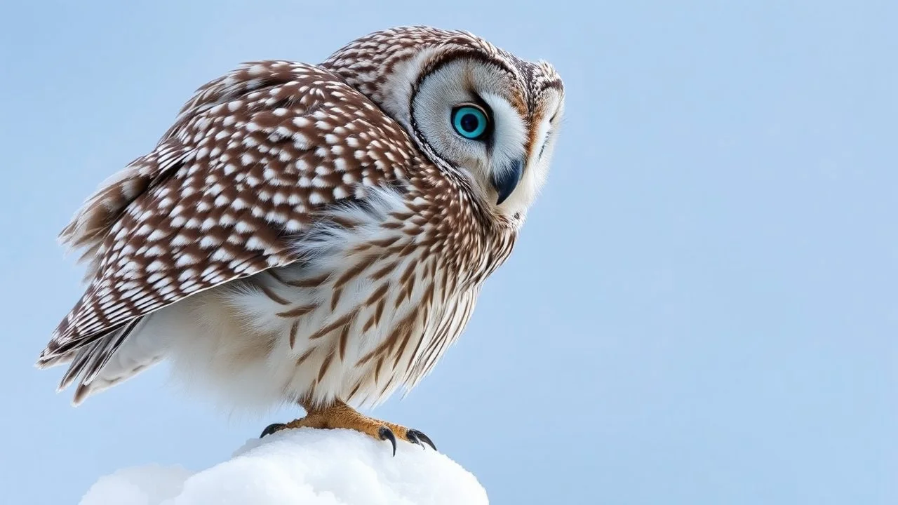 an owl perched on a white rock. The owl is facing towards the right side is turned slightly to the left. It has large, round, blue eyes that are piercing and appear to be looking directly at the viewer. Its body is covered in intricate patterns and feathers, giving it a realistic appearance. The background is a light blue color, making the owl stand out even more. The rock it is perched on is also white and appears to be made of snow or ice. The overall mood is peaceful and serene.