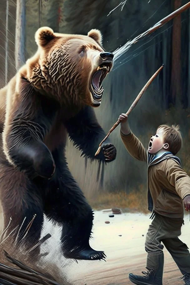 A boy picked up a stick and waved it at the bear, yelling and screaming.