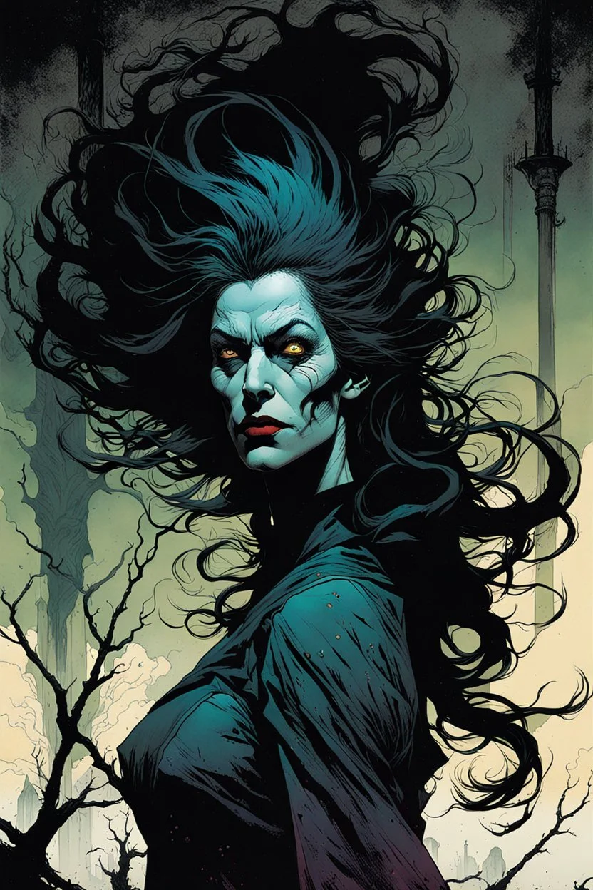 create an arcane, ethereal, otherworldly gaunt and withered ancient female Bruxa vampire , in the comic book art style of Mike Mignola, Bill Sienkiewicz, John Romita Jr., Leonardo Romero, Simone D'ARMINI, and Jean Giraud Moebius, with highly detailed and sharply defined feminine facial features , finely penciled and inked , dramatic natural lighting