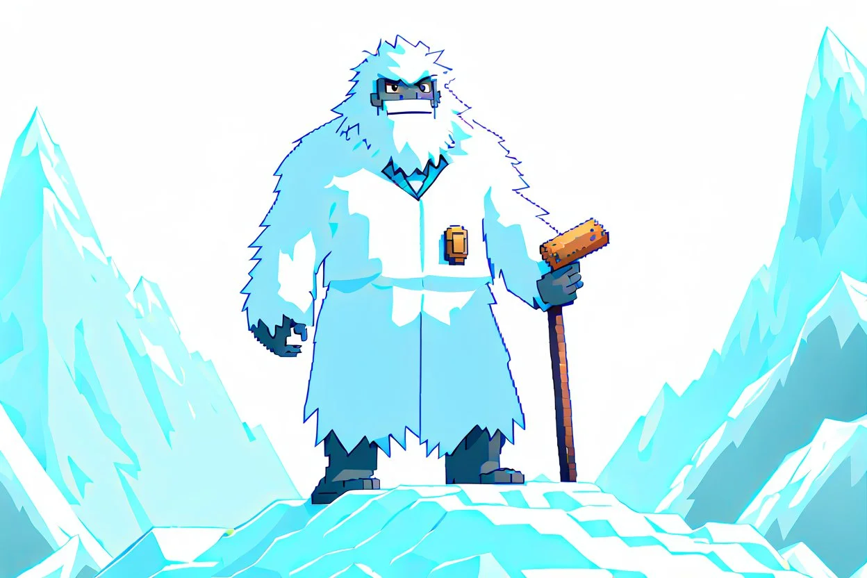 Anime pixel art of a Rookie stage Epi-Yeti, with an adventurous look, wearing a mini lab coat and holding a research scroll, standing atop a pixelated icy hill.