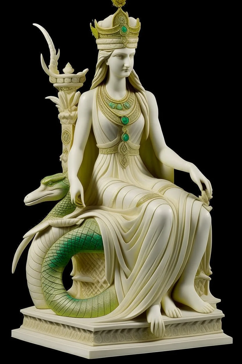 A young Egyptian goddess with blonde hair and green eyes, wearing a white linen dress and a lotus flower crown. She is sitting on a throne made of alabaster, carved with the head of a benevolent dragon