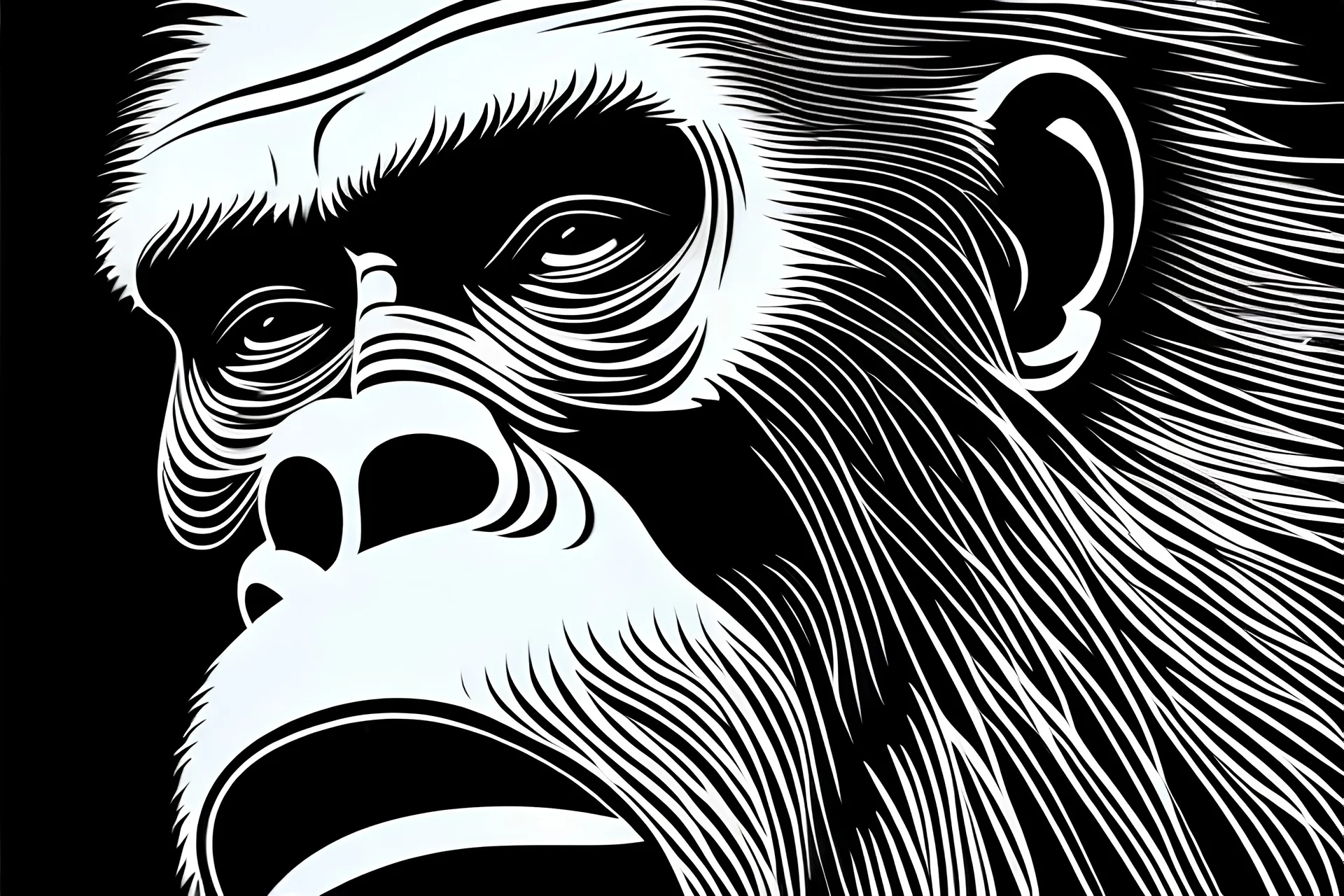 An abstrac gorilla that smoked a cigar, with lines of diffrent dark colors and a sense shadows and light . The style is beautiful, with cool lines and diffrent shapes . symbol the beauty of the art . Van gogh inspired design graphic, vector, contour, white background.