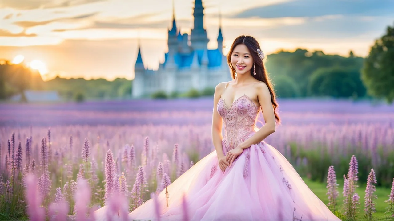 A gorgeous smiling Asian model in a fairy outfit in a field of flowers at sunset a crystal castle at background