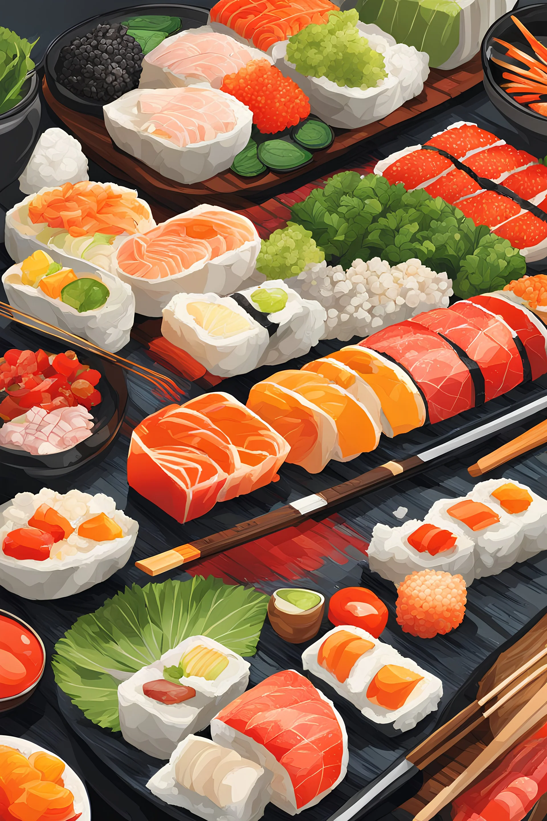 "Draw a sushi preparation. Use lots of vibrant colors and make the illustration very detailed and high-quality."