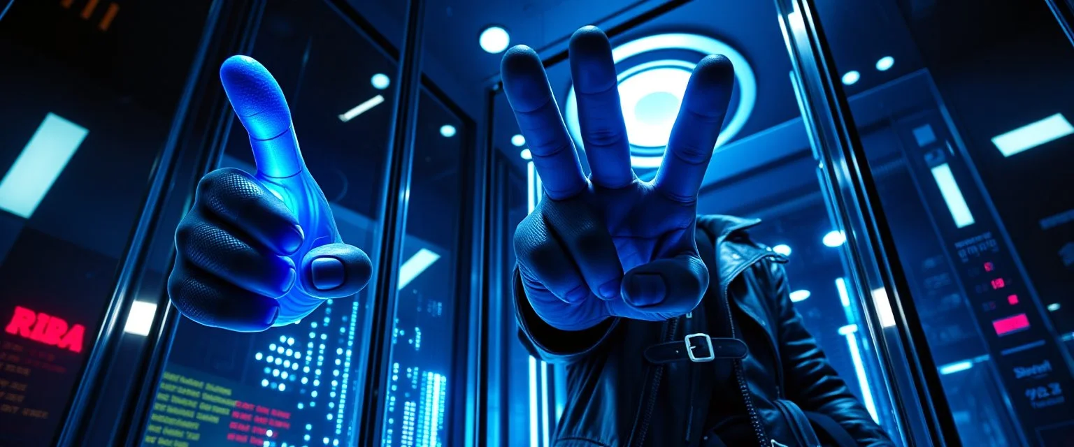 frankie five fingers picks up and carries rasta bad ass criminal cyberpunk bard into hi tech glass elevator, he give a thumbs up with blue glowes