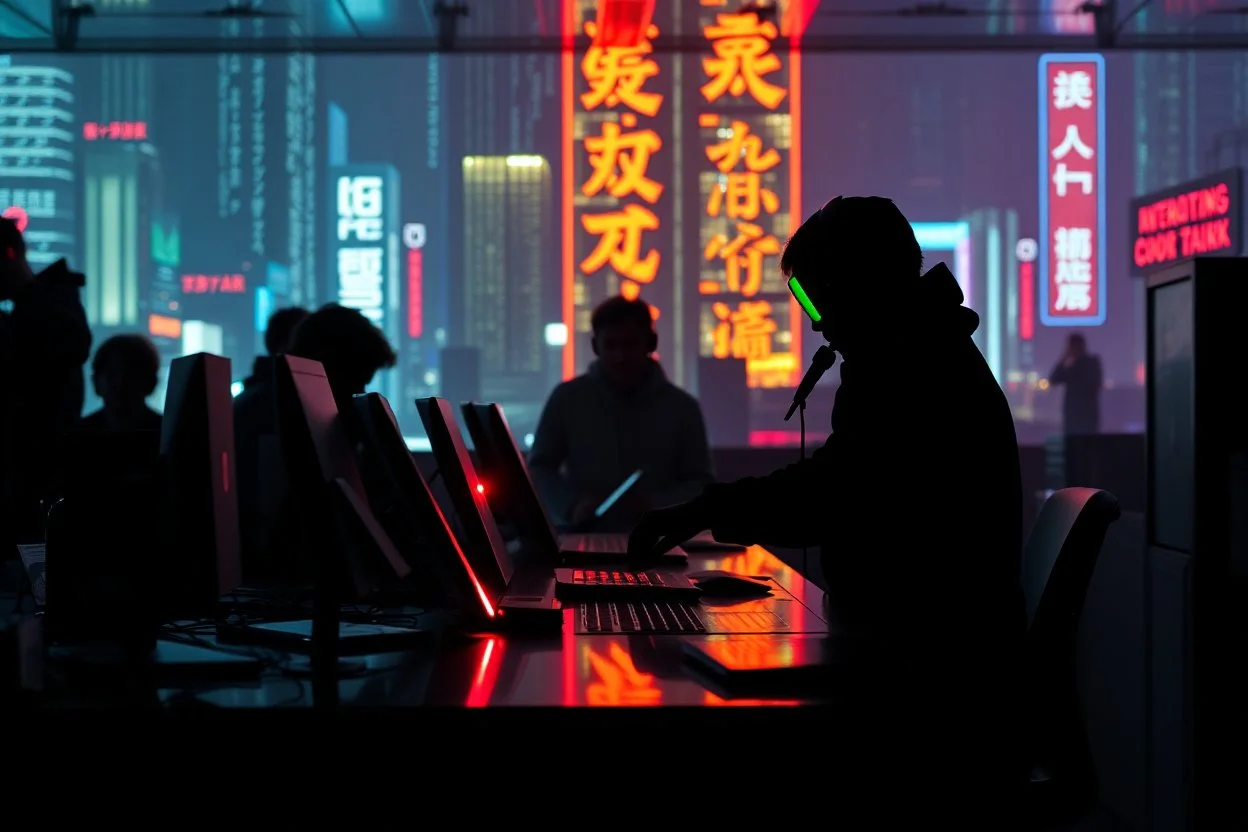 cypher punk silhouette mining code in a Tokyo lab