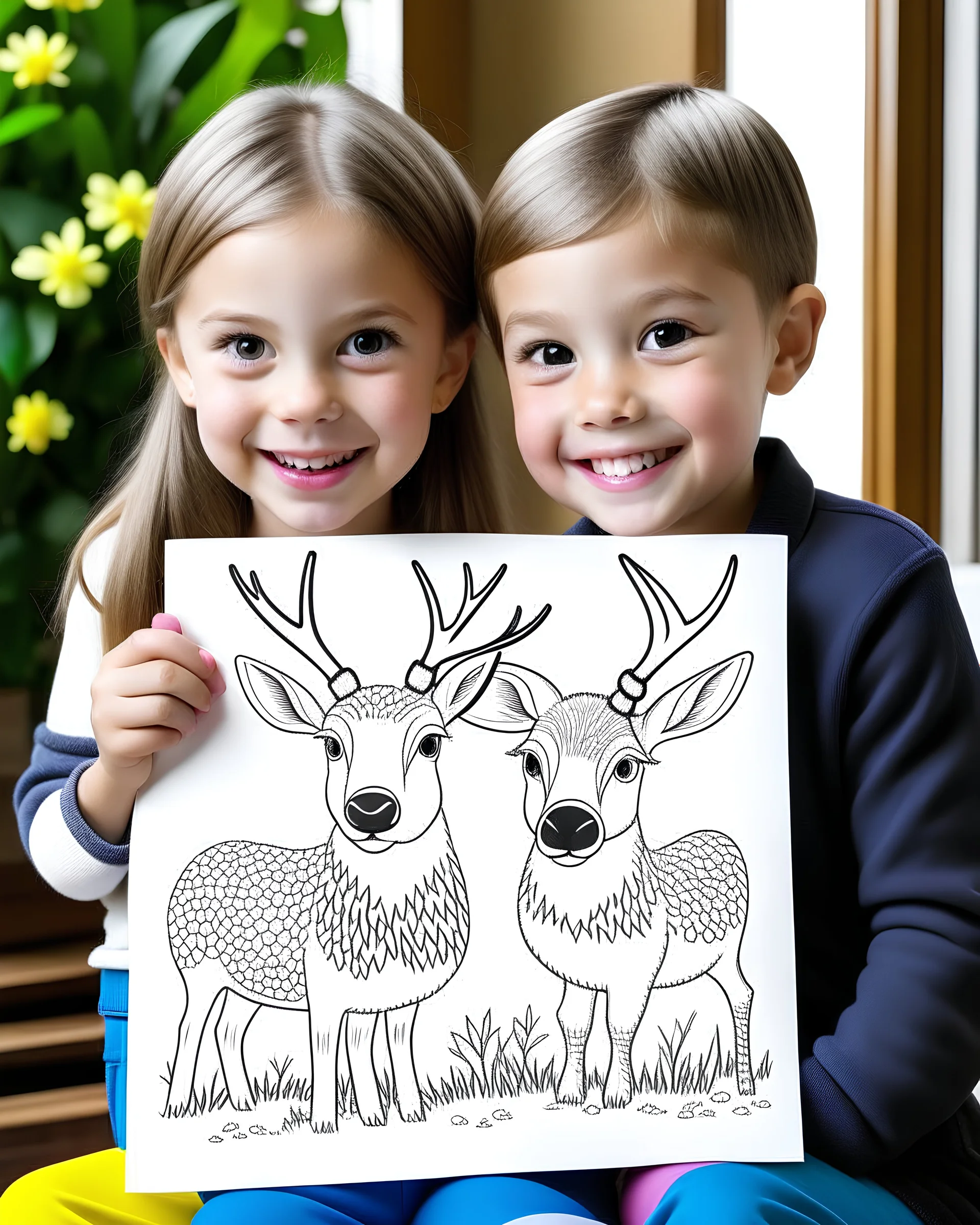 Check out a picture of two kids(4 years) showcasing their finished deer coloring page in a frame or as a gift for someone special. (style carton)