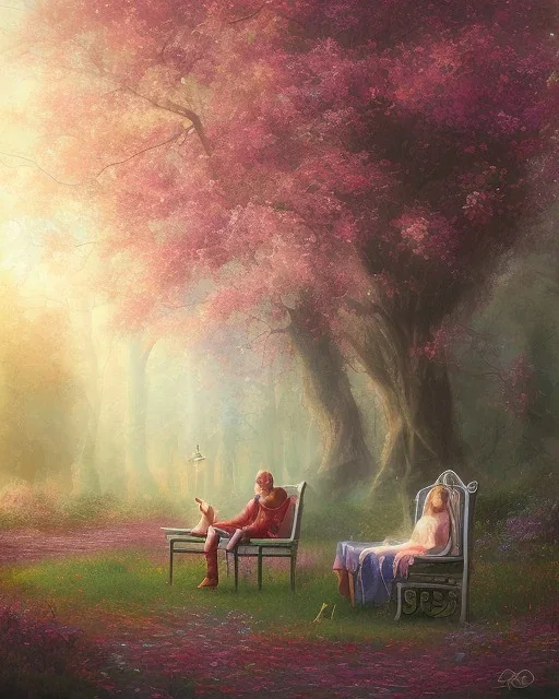 park mystical dream, park bench, man, woman, child, dog, trees, path, bird, sunshine, mystical, fantasy, romanticism, pastel colors, daylight, daytime, acrylic painting, detailed, soft focus,