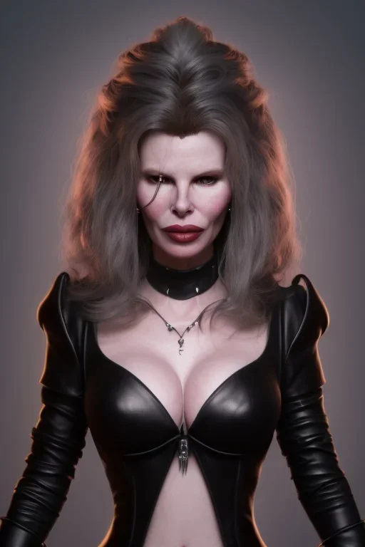 Kim Basinger as evil queen in black leather, busty, cleavage, curvy, angry, happy, stern look. character design by cory loftis, fenghua zhong, ryohei hase, ismail inceoglu and ruan jia. unreal engine 5, artistic lighting, highly detailed, photorealistic, fantasy