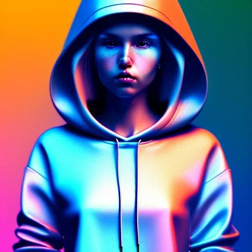 woman teenager, hoodie, retro futuristic, leather dress, gradient color, BLUE, PINK, CYAN, neon, insanely detailed, 16k resolution, perfect eyes, cinematic smooth, intricate detail