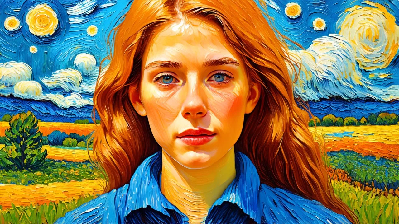 Van Gogh style. Beautiful female face looking at me, ultra realistic, stylized, highest resolution, best quality, extremely sharp focus, celtic style