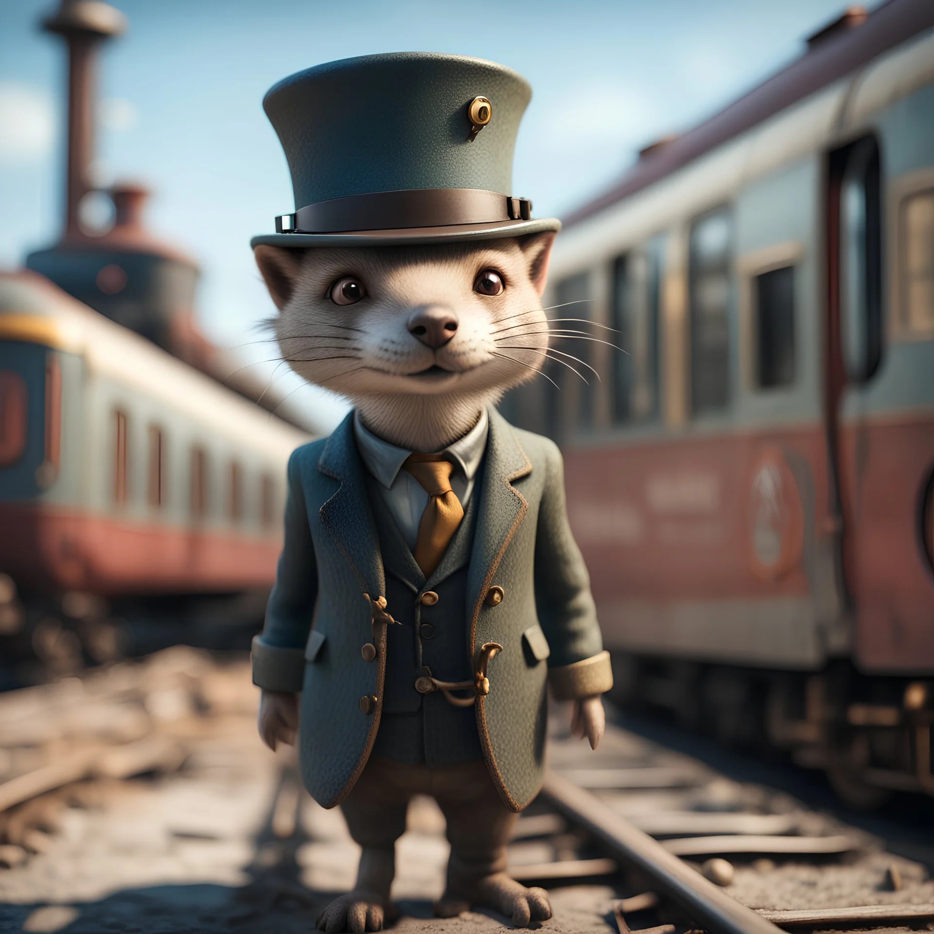old train that looks like a weasel conductor wearing monocle, in the style of a fallout 4,bokeh like f/0.8, tilt-shift lens 8k, high detail, smooth render, down-light, unreal engine, prize winning