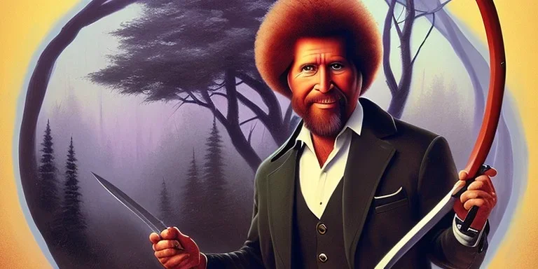 bob ross holding a machete & looking sinister