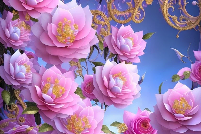 a magical crystal flower lys bougainvillier, blue gold house indian palace castle in the woods, magnolias pink,blue lake,sun,white swanns,pink vertical, blue lake,sharp, vines, candlelit, endor, ornate, elegant, highly detailed, artstation, concept art, smooth, sharp focus, illustration, 8k, splash art, wallpaper, key visual