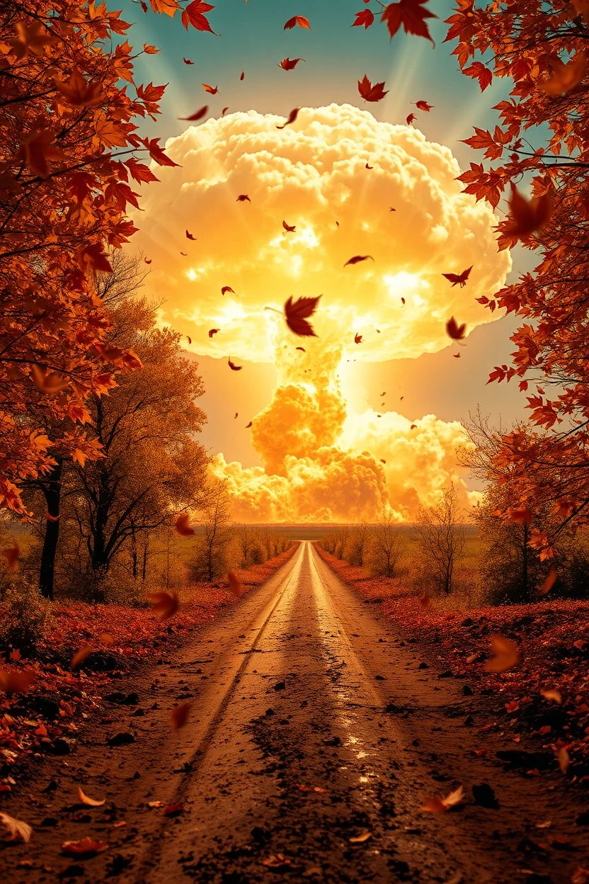 foreground with many falling leaves, behind is a nuclear explosion's mushroom cloud that looks more like a tree in fall, with explosion radiating outward, many leaves falling in foreground, ground is dirt and scorched with a road coming down the middle towards viewer, angelic fantastic lighting