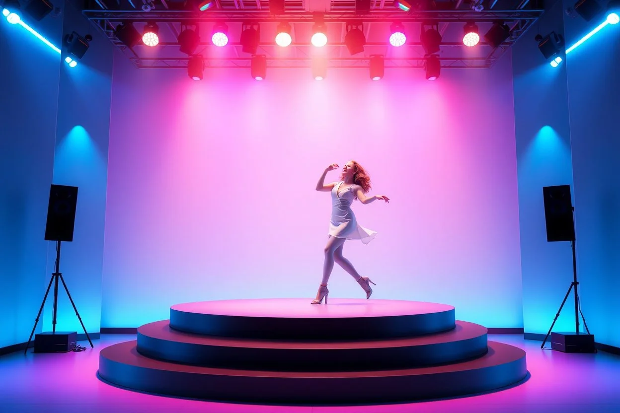 A 3D recursive structure modern stage with a pretty lady in modern clothing dancing,animating background stage