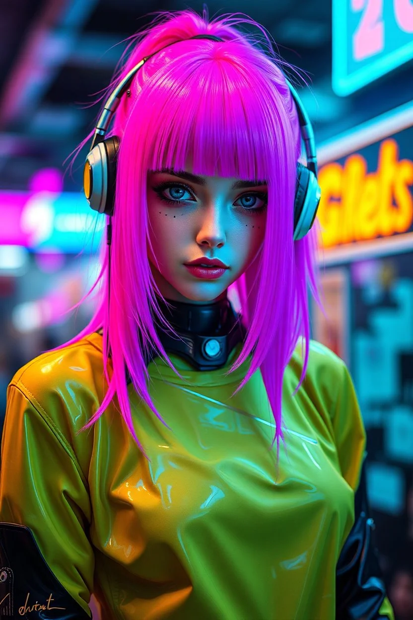 a pretty cyberpunk girl, cyborg, bright hair