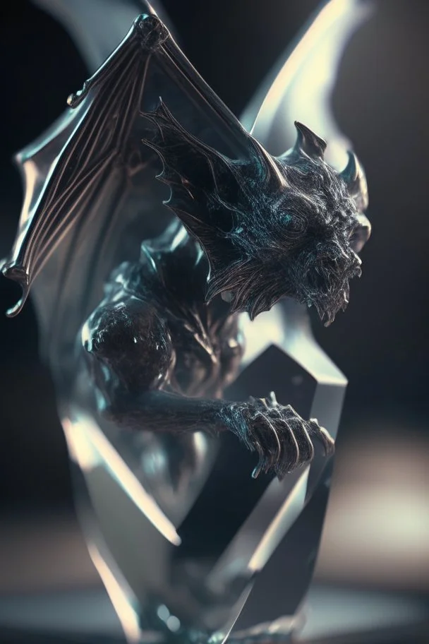 transparent gemstone gargoyle, high detail, 8k, cinematic, depth of field, art