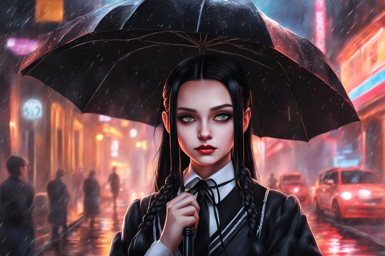 Hot wednesday addams in 8k realistic anime drawing style, Gothic them, neon effect, close picture, rain, highly detailed, high details, detailed portrait, masterpiece,ultra detailed, ultra quality