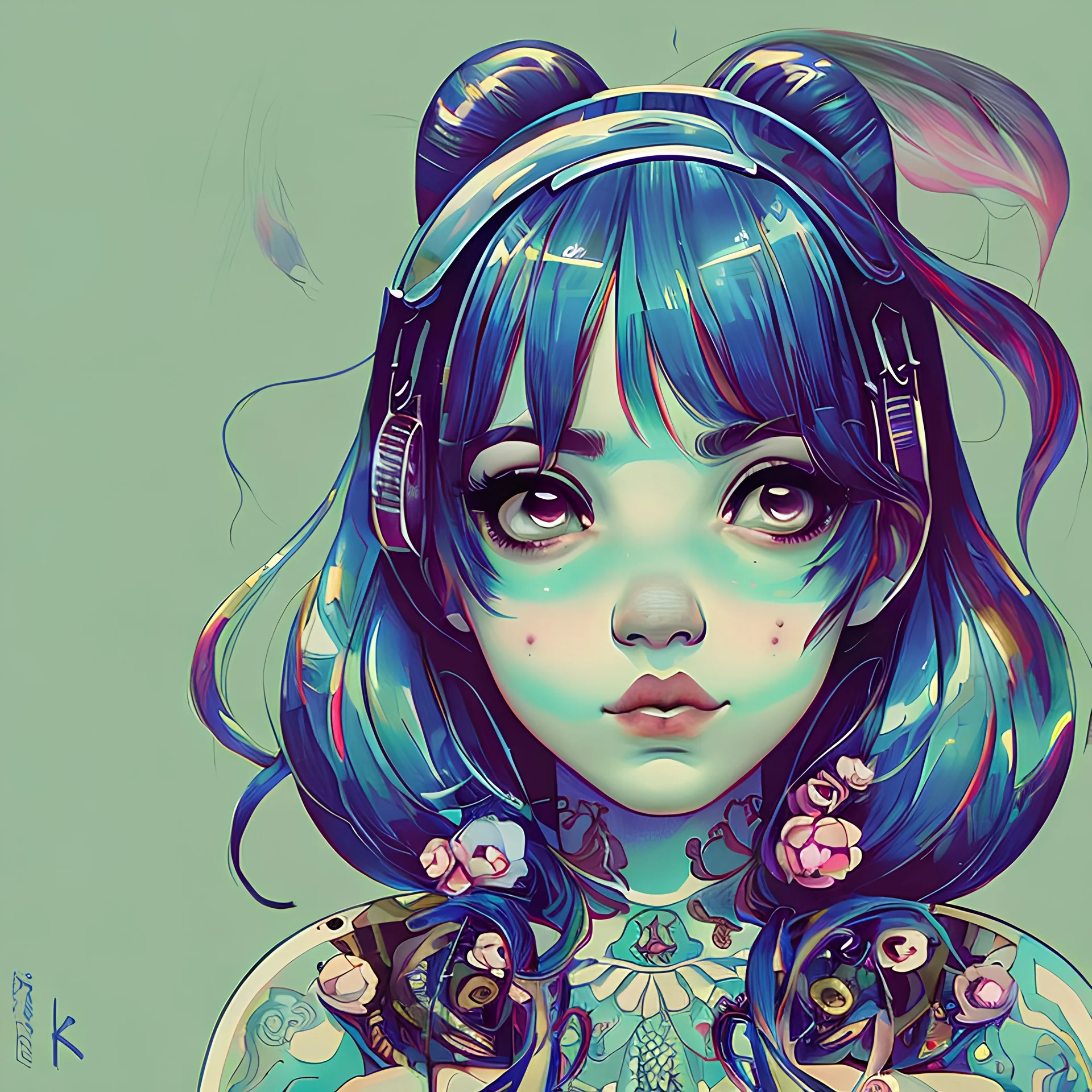 singer Melanie Martinez face, beautiful cyberpunk huge girl, hyperdetailed, illustration by Katsushika Hokusai, darkblue tones,