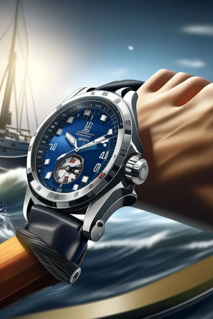 Generate a dynamic scene featuring a sailor actively engaged in sailing tasks, with the best sailing watch prominently visible on their wrist. Showcase the watch's features in a realistic and practical setting.