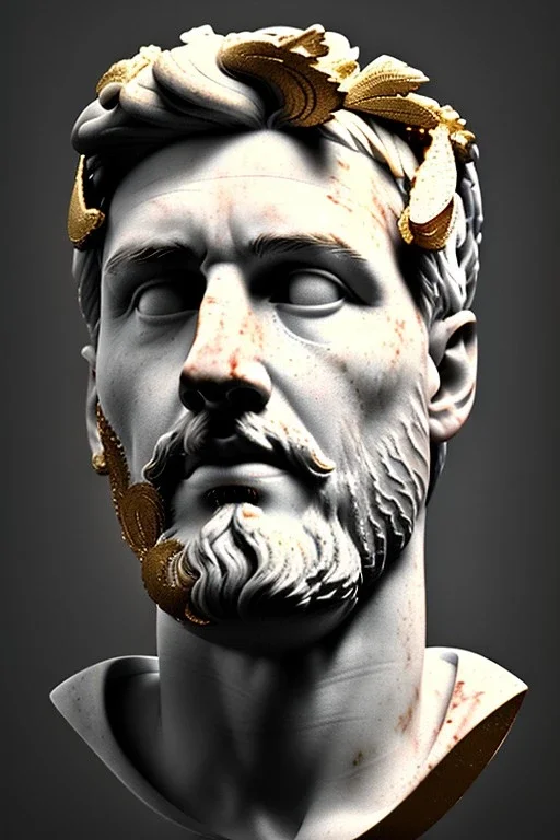 Ultra Realistic image, Roman sculpture bust, clean white marble material, Lionel Messi, gold Laurel leaves crown, renaissance ornaments, one gold star, gradient background, cinematic lighting, god light, 4k resolution, smooth details, ornate details, soft lighting, unreal engine 5, art station, substance 3d.