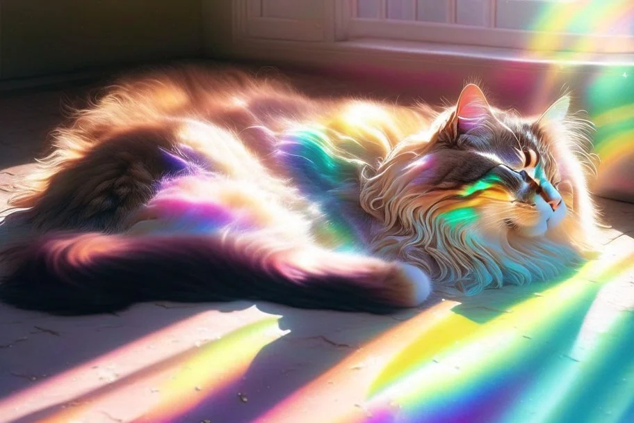 cute lifelike maine coon cat lying in holographic rainbow sunshine