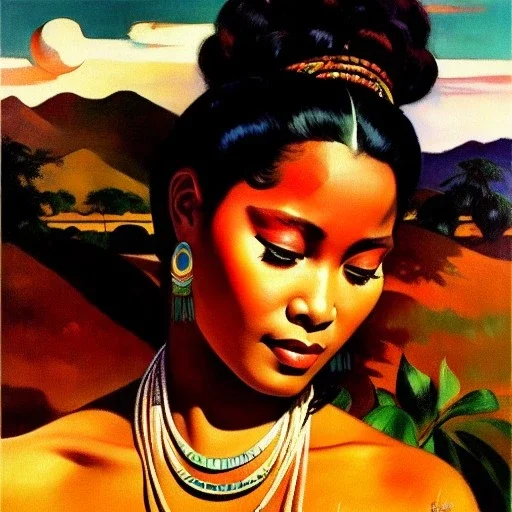 Drawing of 'woman from Afar tribe',sweet stare,painting by Earl Norem, simon Bisley,frazetta,西嘛哒, evan lee, Vallejo,kelly,Paul Gauguin oil on canvas, cinematic composition, extreme detail,fit full head inside picture,8k