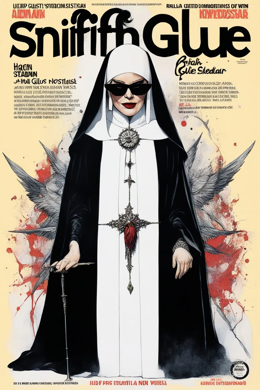 SNIFFIN’ GLUE magazine high res photo cover by Ralph Steadman: special issue #2442 on Lucifer's bride, guest star: Hagen as a demonic nun in agent provocateur [a lot of writing and table of content issues like indie magazines]