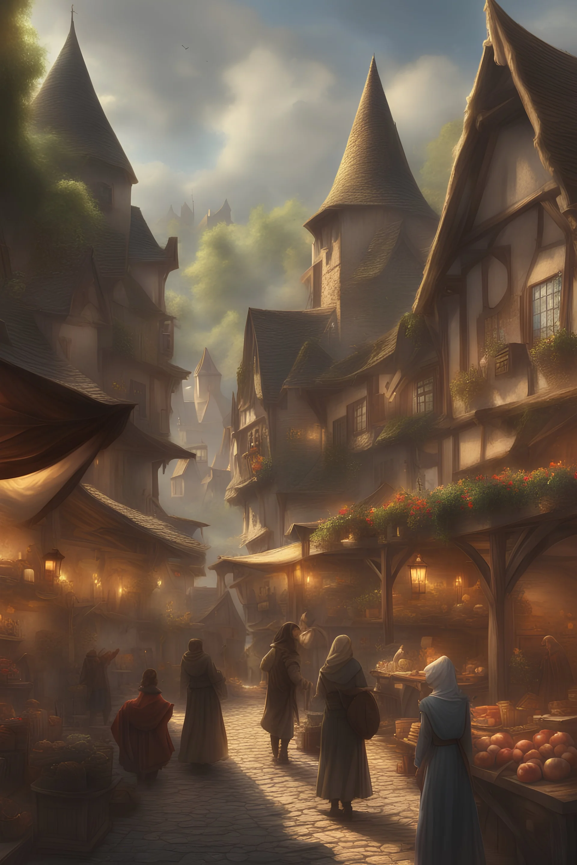 magical mediaeval village, busy market, fantasy world, digital art, 4k