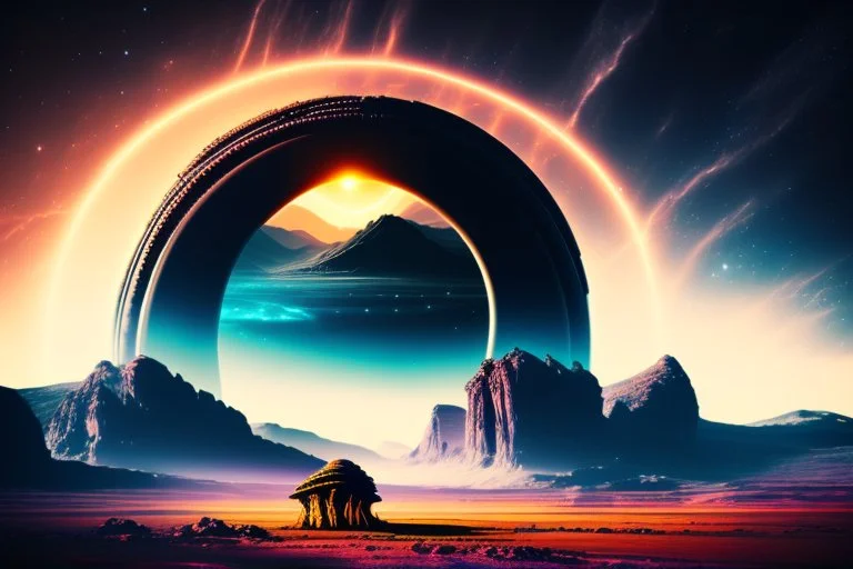 Alien landscape with Epic explanet with rings in the sky, valley, cinematic