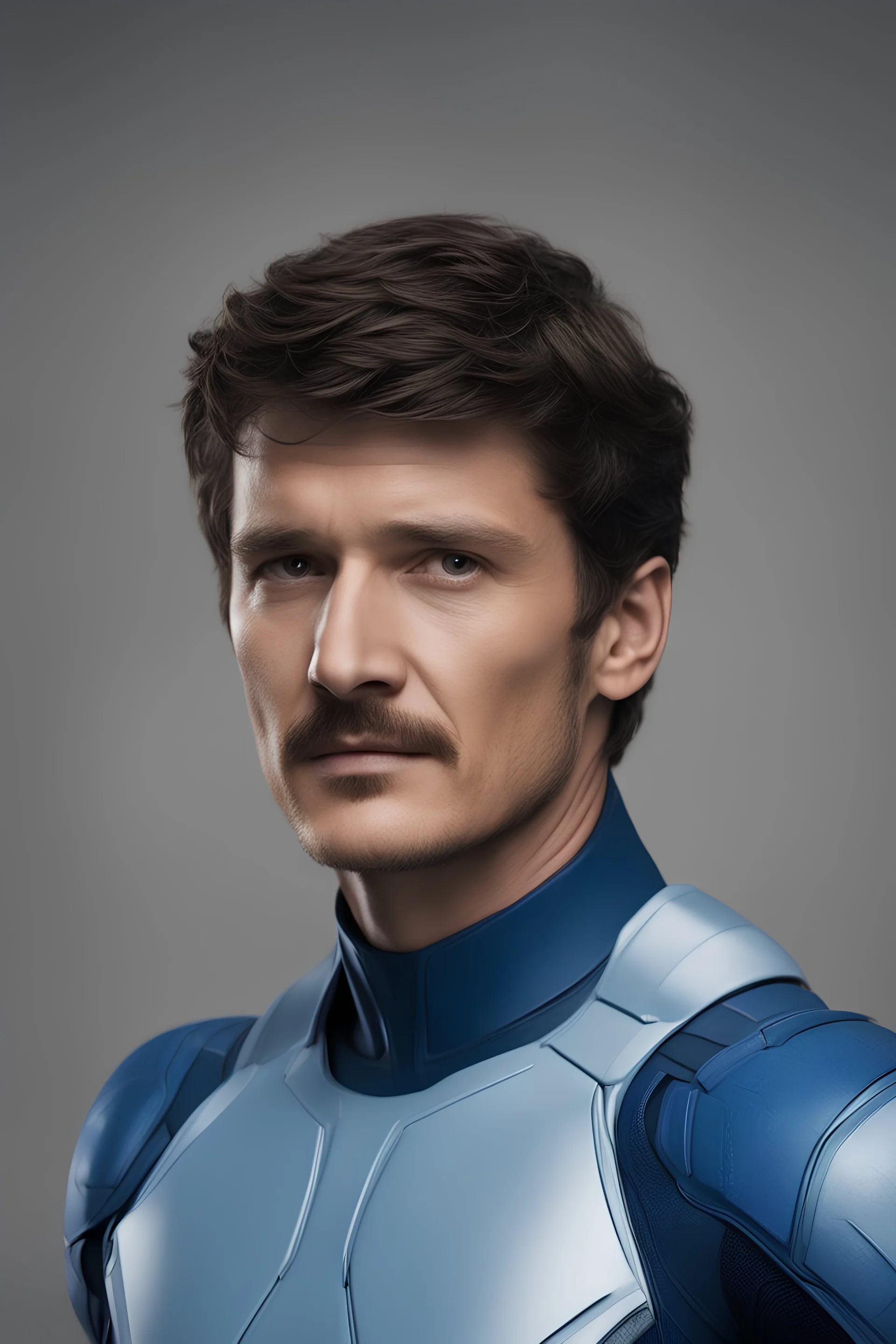 The actor Pedro Pascal with no facial hair characterized as Reed Richards from the fantastic four