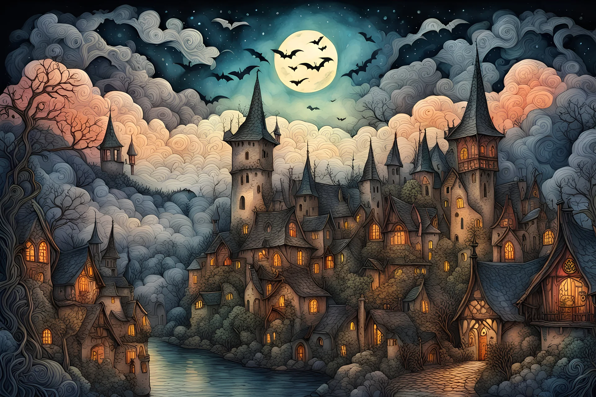 medieval village at night in Zentangle, on an eerie hazy Halloween night, church and bell tower; in the style of Anton Pieck and Arthur Rackham and Van Gogh and Pieter Bruegel; Dramatic clouds, bats, vines, vivid pastel colors, mist, elegant, intricate, beautiful HD 3D line art, watercolor ink, extremely detailed, intricate, exquisite, fantastic surreal, magical, HDR, fractal, beautiful, award-winning, fantastic scenery, fantasy, clear quality Modifiers: 8k 幻想 错综复杂 分形艺术 立体感