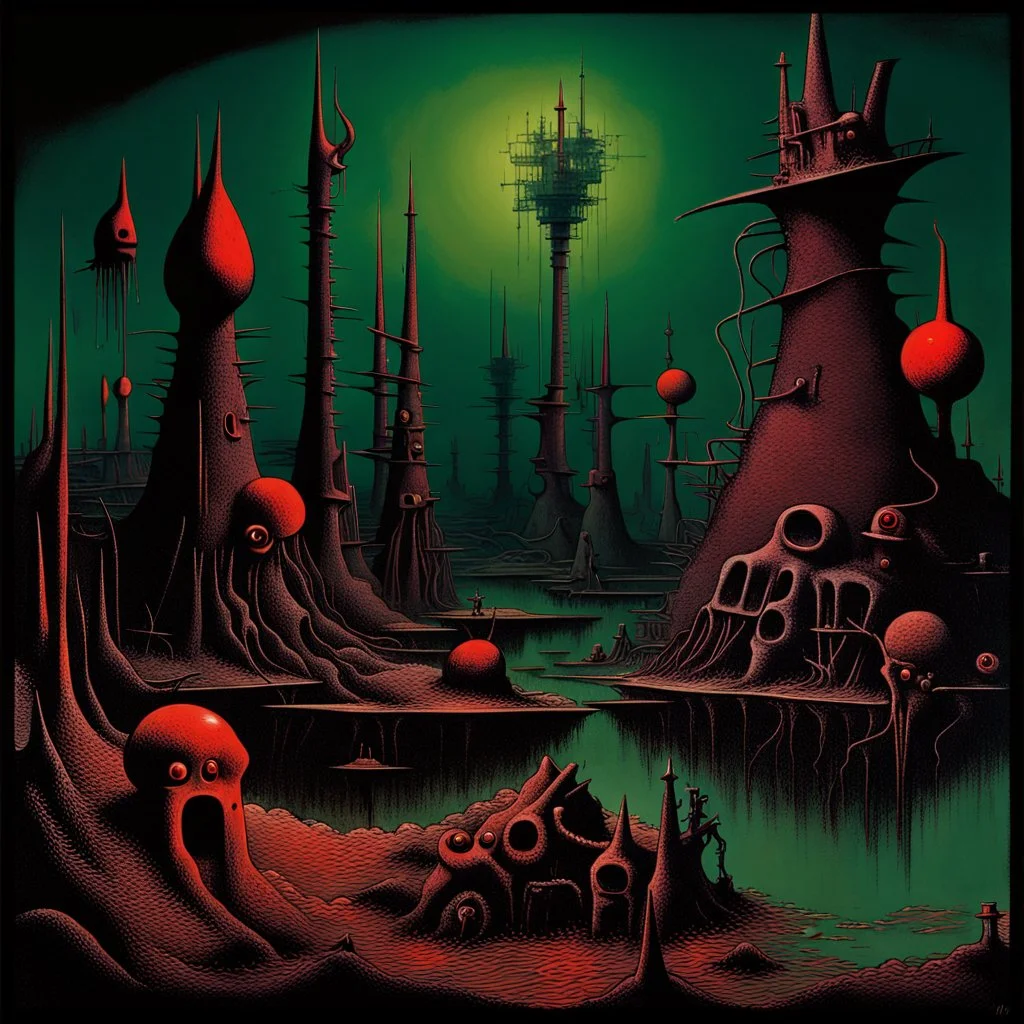 "Skinny Puppy" album cover, spirit Ogre wane bloat tell seven key, by Yves Tanguy, by Philippe Druillett, weird-core landscape, social critique, sharp strong lines, sharp ominous colors, scary bright hues, macabre illusions peaking from a dark industrial background, volumetric lighting