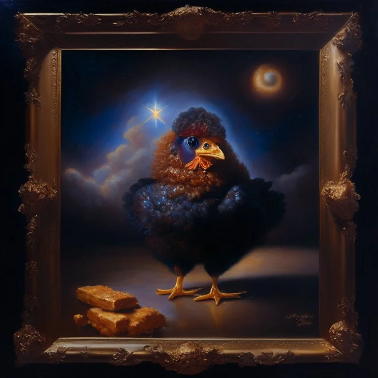 An oil painting of a dark universe masonic chicken nugget