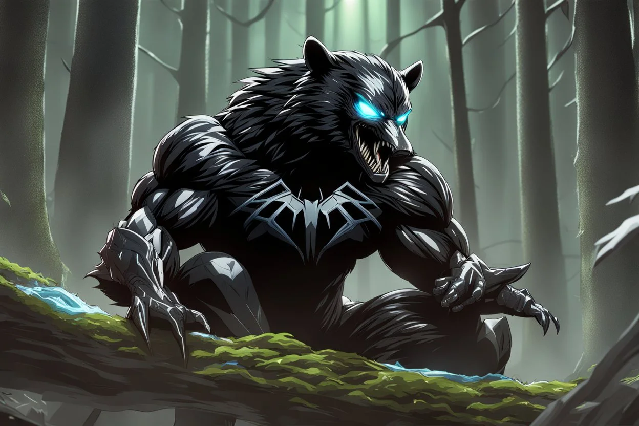 Shadow symbiote in 8k realistic anime drawing style, bear them, neon ice power, dark forest, highly detailed, high details, detailed portrait, masterpiece,ultra detailed, ultra quality