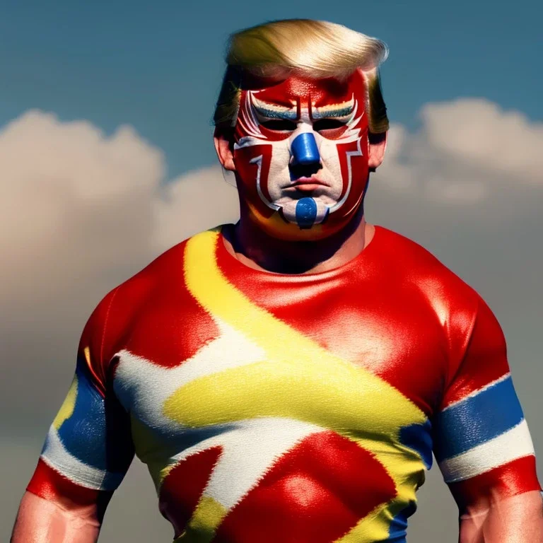 Realistic image of Donald trump wrestler, Mexican wrestling style, Mexican wrestling mask for eyes, red and blue breeches, glow us flag dress, suspenders, retro style, 80s, vibrant color, highly detailed, sky background, concept art, unreal engine 5, god rays, ray tracing, RTX, lumen lighting, ultra detail, volumetric lighting, 3d, finely drawn, high definition, high resolution.