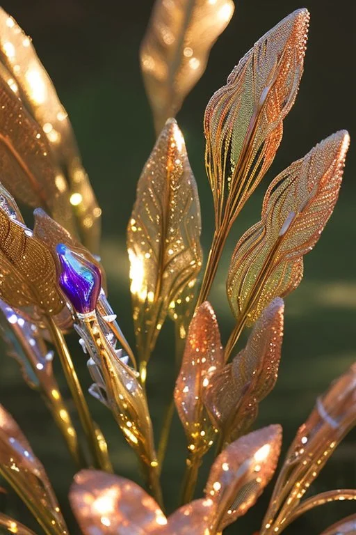 metallic garden - shiny-brass-stems, shiny-copper-leaves, shiny-chrome-open-flower-petals, shiny-metallic-cobalt-grass, glass flowers. sharp focus elegant extremely detailed intricate very attractive beautiful dynamic lighting fantastic view crisp quality exquisite detail in the sunshine gems and jewels