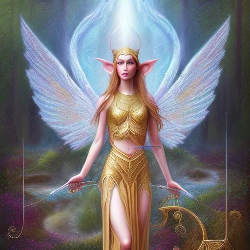 water color and spray painting fantasy art, portrait elven angel,holding harp, standing in portal to wet forest world from desert world with camels,poetry book illustration