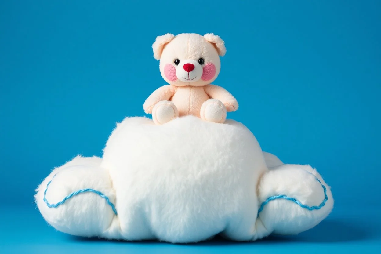 overstuffed white plushie stuffed toy clouds with blue yarn stitching around edge, a care bear(cheer bear) plush sitting on top of the cloud, blue background