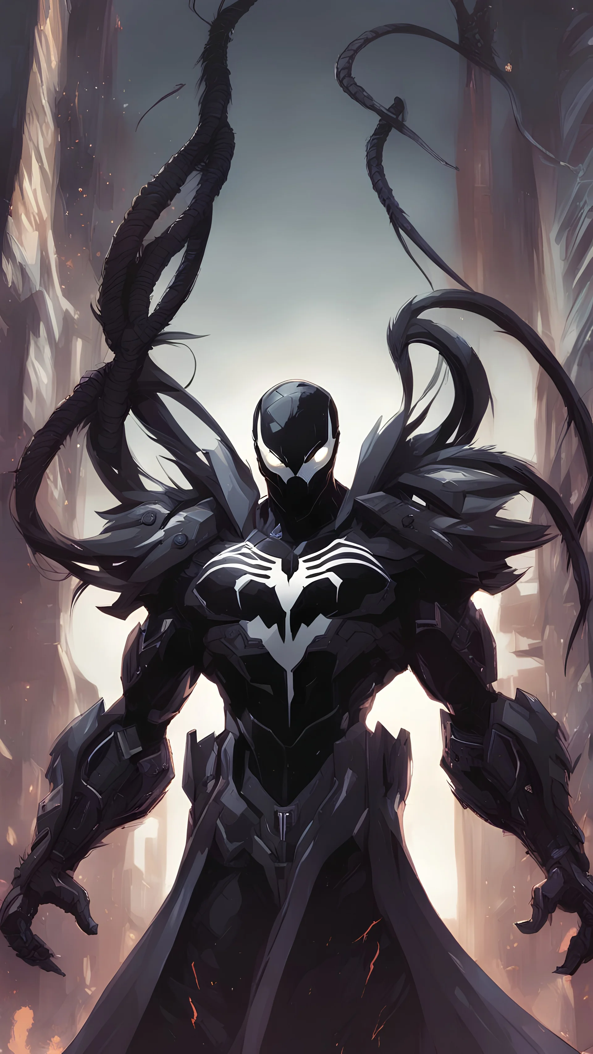 Venom mix with machine in solo leveling shadow artstyle, cyberpunk them, intricate details, highly detailed, high details, detailed portrait, masterpiece,ultra detailed,best quality