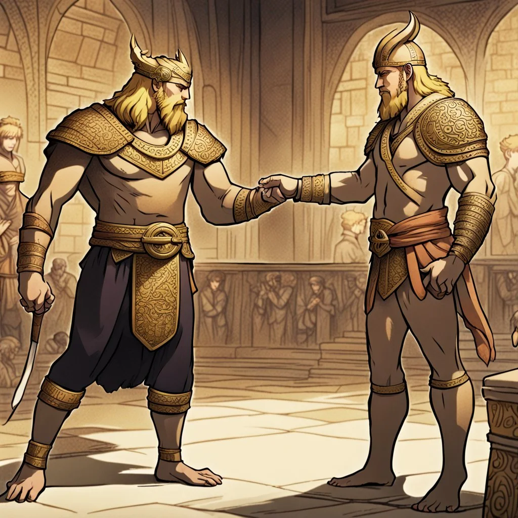 Gilgamesh and Beowulf negotiating a corporate merger.