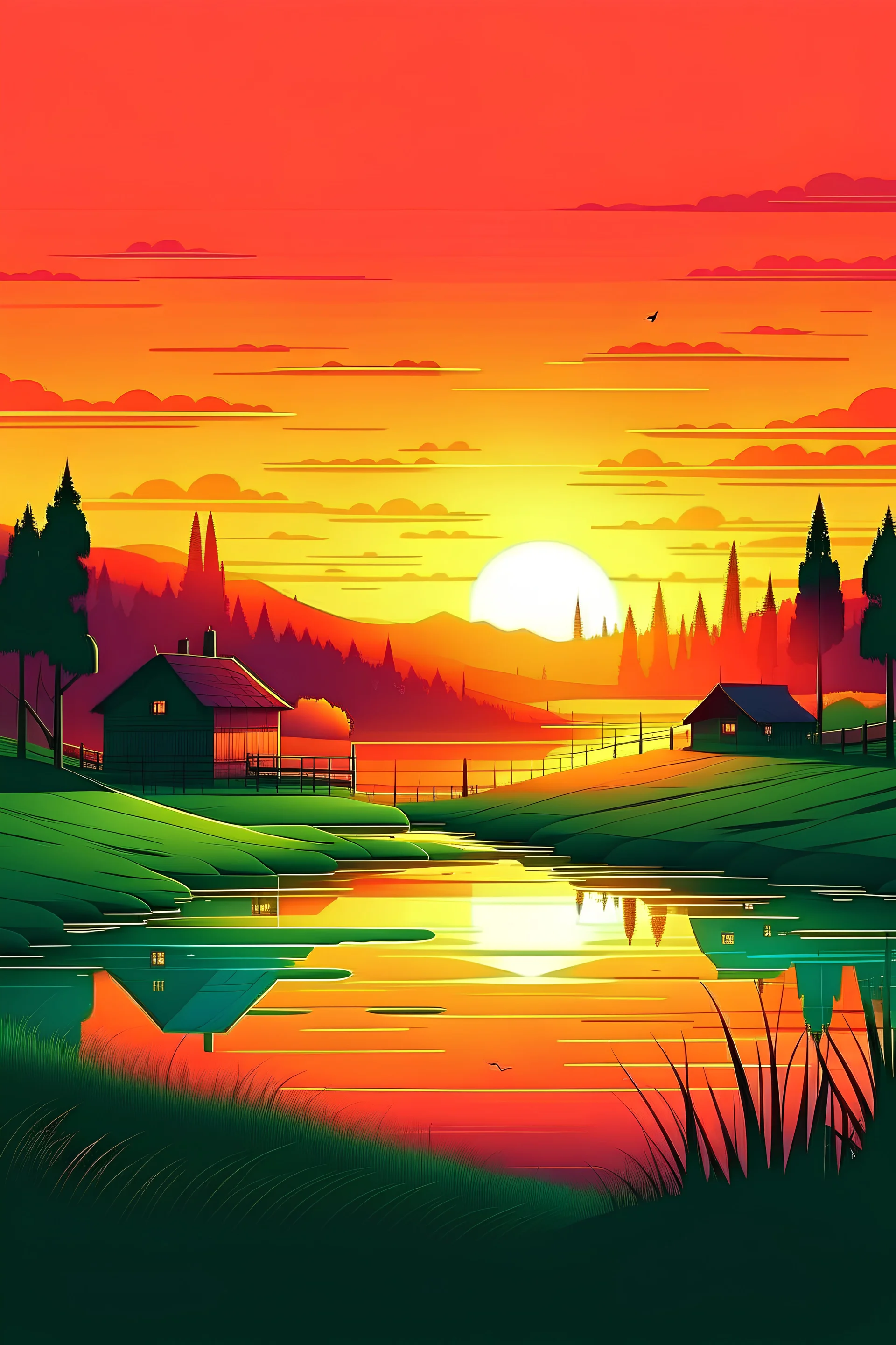 Enchanting Nature, landscape, nature, calm, relax , village, vector sunset, color solid