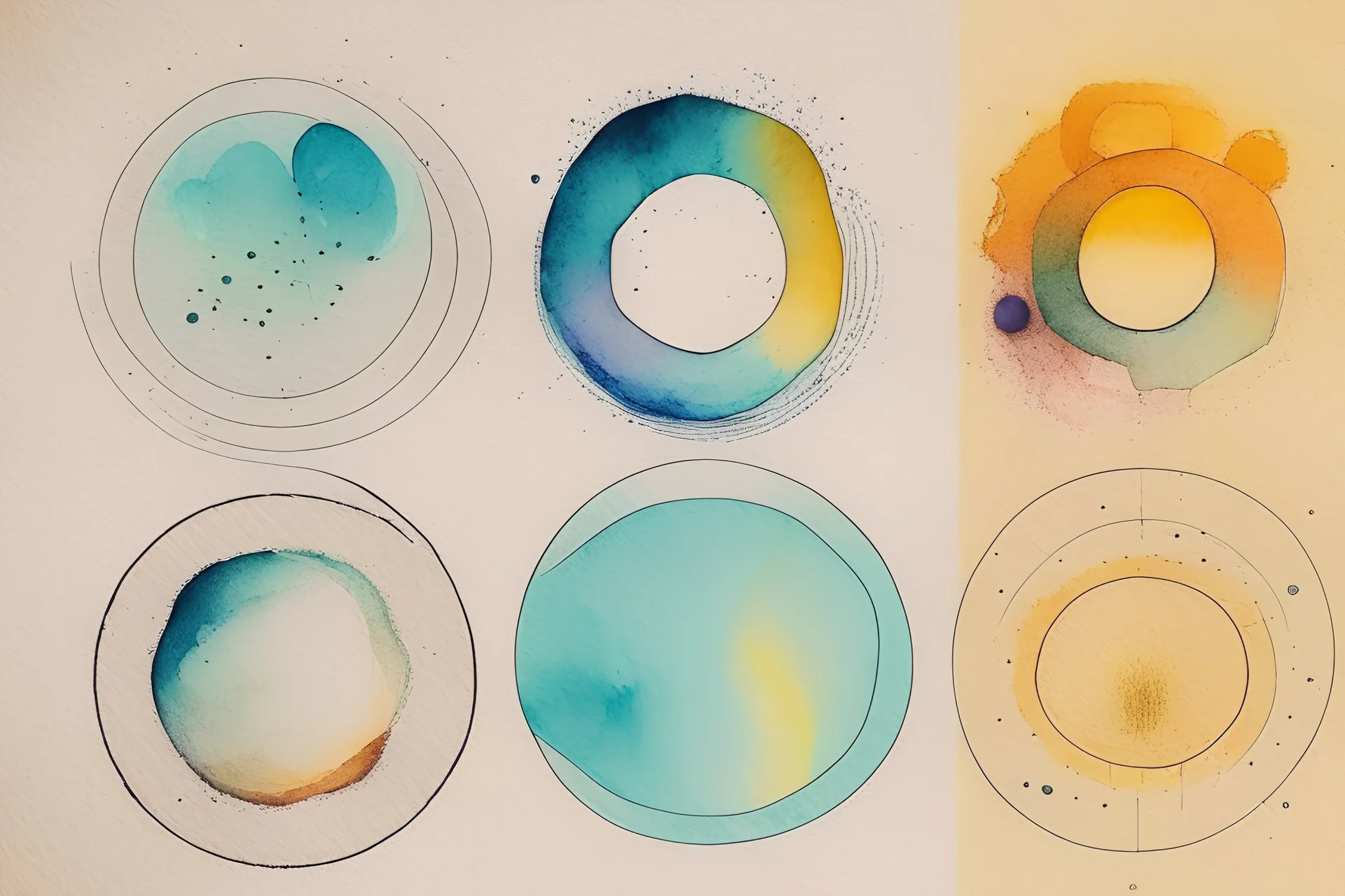 Five Abstract watercolour circles with sketchy pencil outlines