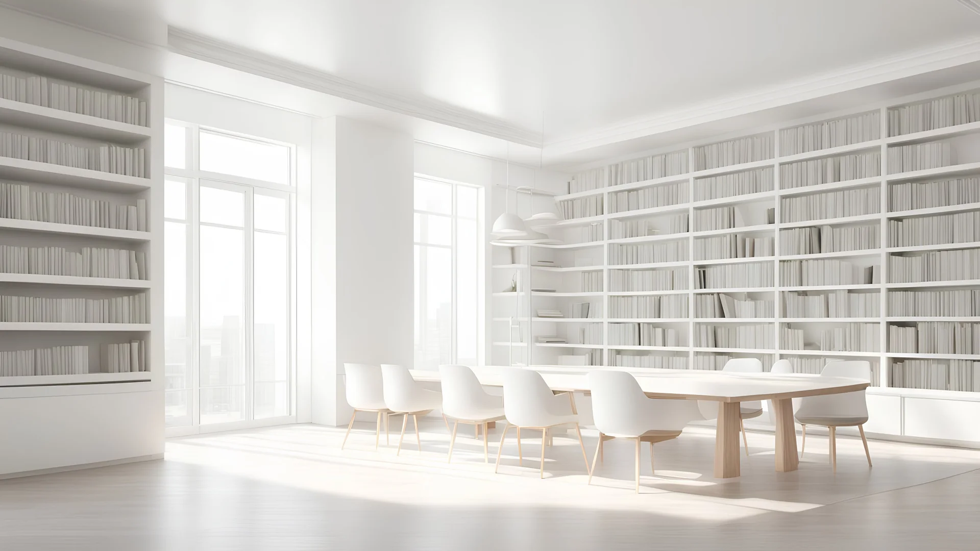 New white library interior with sunlight. Decor and desing concept. 3D Rendering