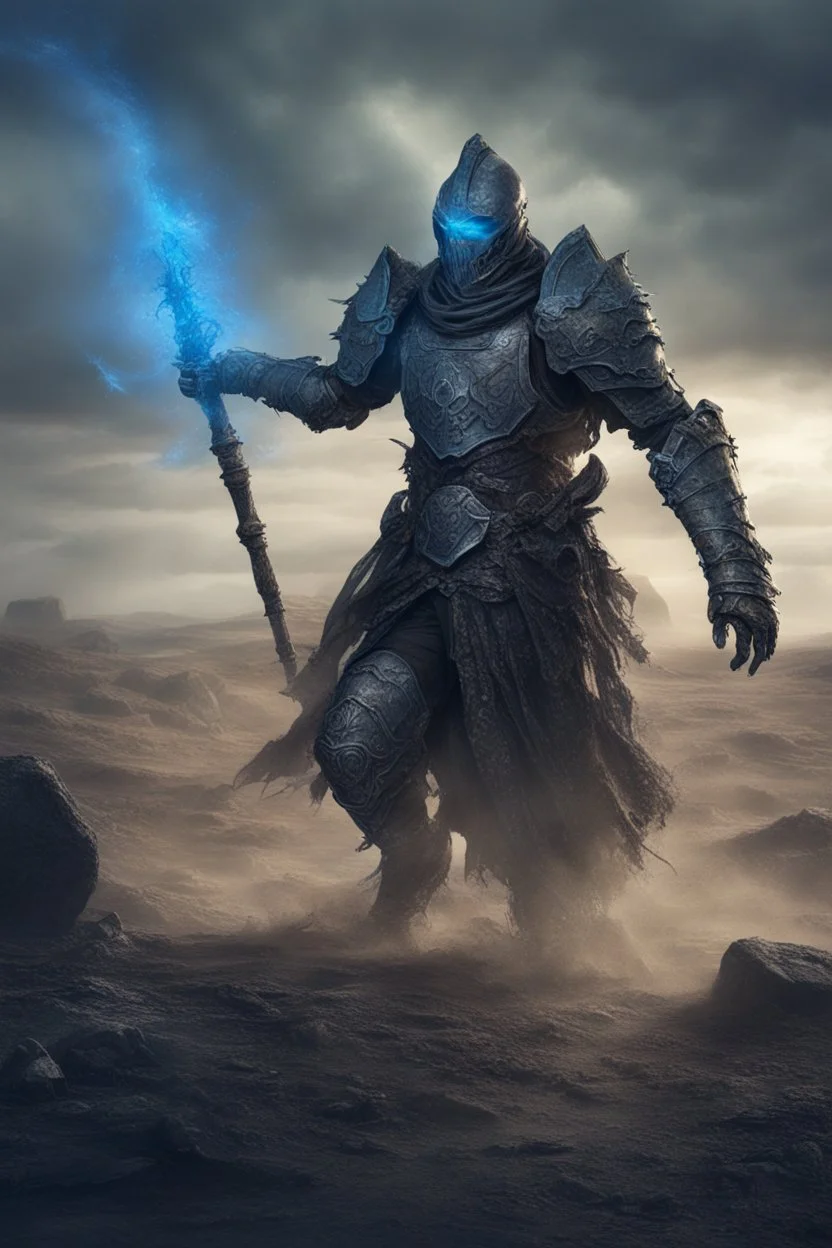 photorealistic Ancient undead psi-warrior knight commander wearing fullplate being surounded by blue aura wandering the wasteland