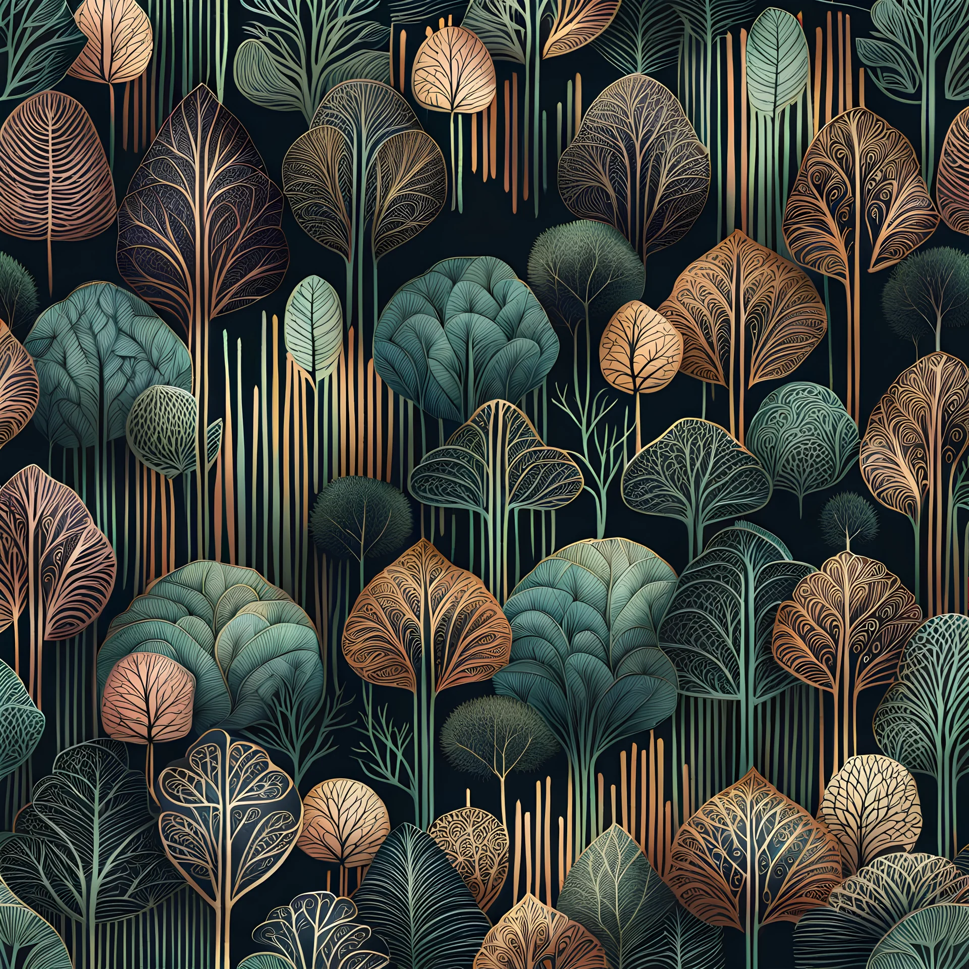 Intricate patterns on a forest landscape, sinister scribbles, pastel colors