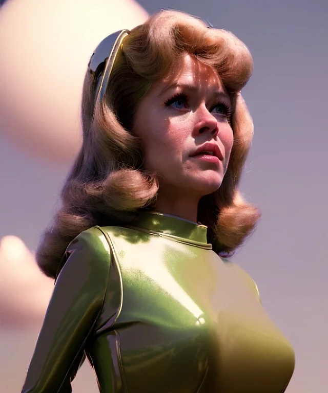 Ultra Realistic retro sci-fi image from 1960, many people looking to sweet young woman Jane Fonda, dress with tight latex coat and retro glass helmet, Retro sci-fi style, soft color, highly detailed, unreal engine 5, ray tracing, RTX, lumen lighting, ultra detail, volumetric lighting, 3d, finely drawn, high definition, high resolution.